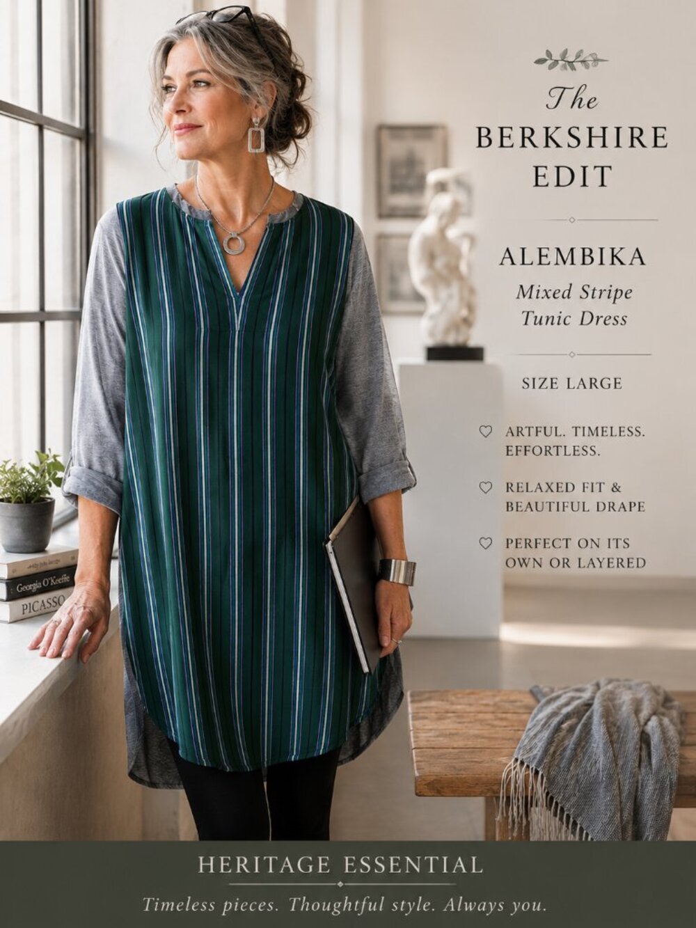 Alembika Green Mixed Stripe Tunic Dress Size 1 Pockets Lagenlook Art Wear